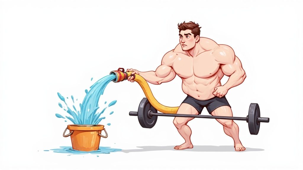 A muscular man uses a hose to fill a bucket with water, with a barbell nearby.