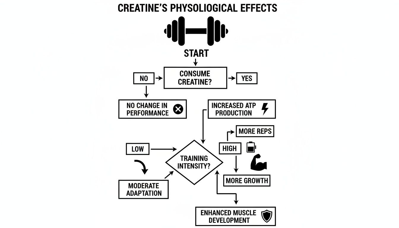 Flowchart illustrating creatine's physiological effects, from consumption to enhanced muscle development based on training intensity.