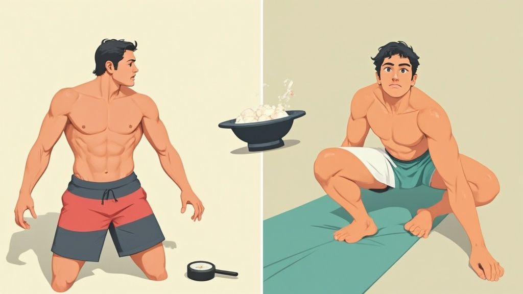 A muscular athlete is preparing to take a scoop of creatine powder, with gym equipment blurred in the background, representing the choice between taking it before or after a workout.