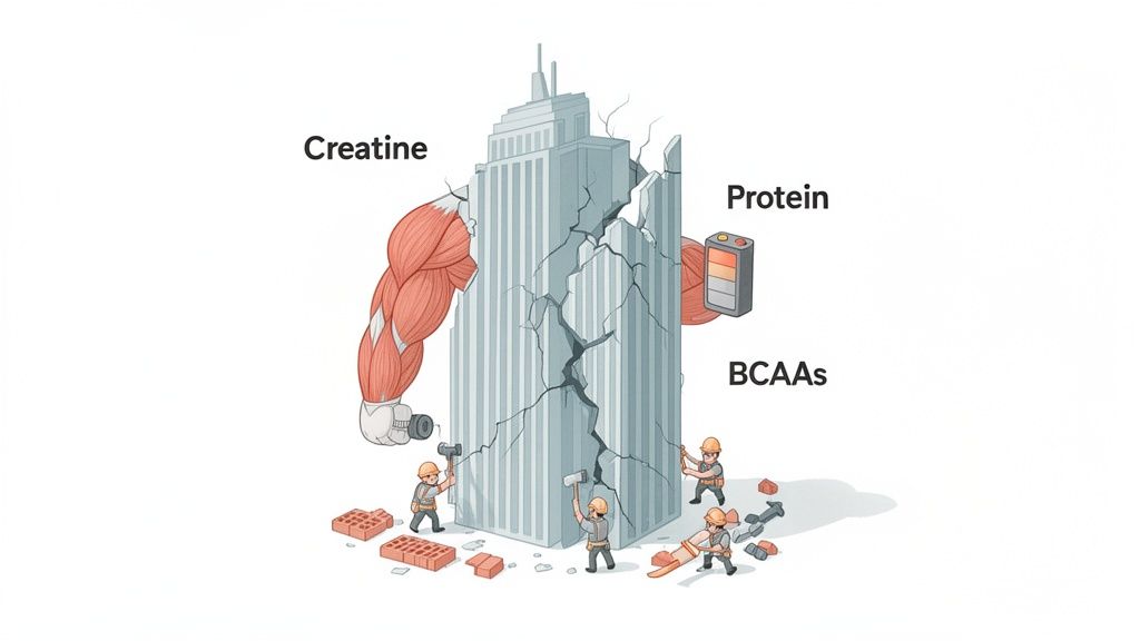 Illustration of a building with cracks, a muscular arm labeled Creatine, and a battery labeled Protein/BCAAs.