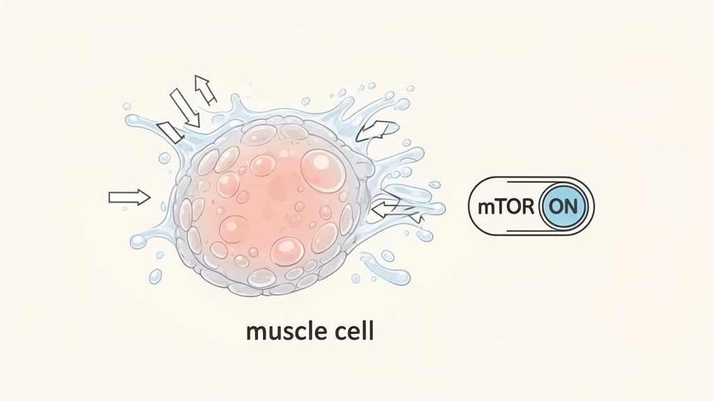 Illustration of a muscle cell with water movement, indicating cell swelling, and mTOR pathway active.