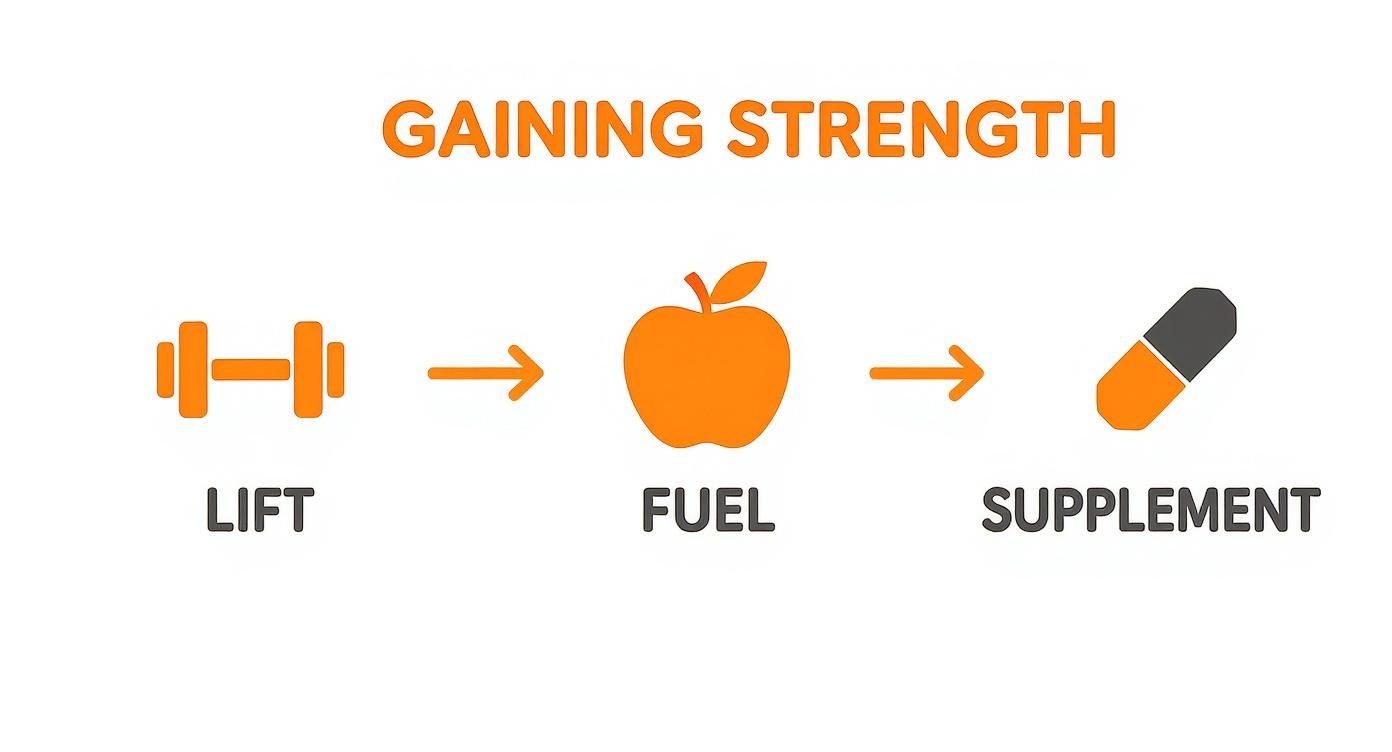A graphic explaining how to gain strength through lifting, fueling with food, and taking supplements.