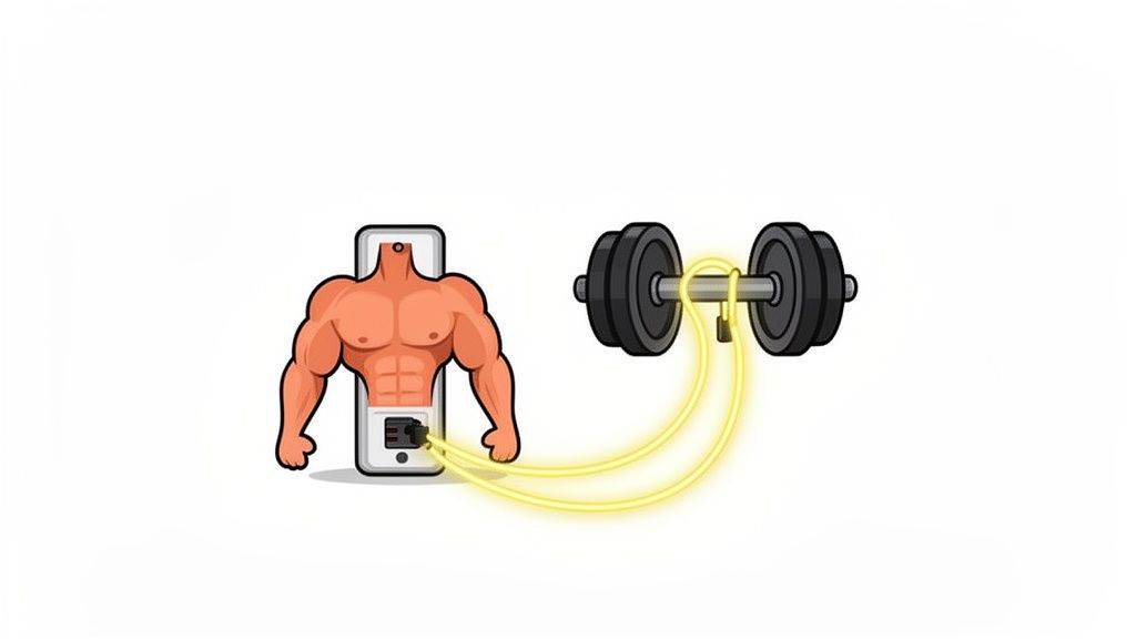 A muscular torso emerges from a smartphone, connected to a dumbbell by glowing cables, symbolizing digital fitness.