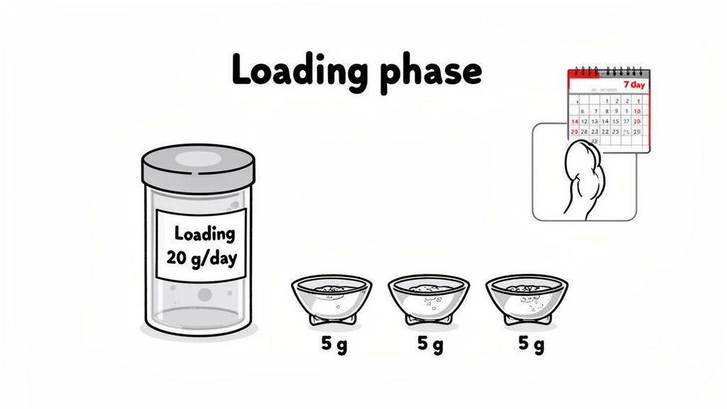 An illustration detailing the creatine loading phase, showing a jar with 20g/day dosage and three 5g bowls over a 7-day period.