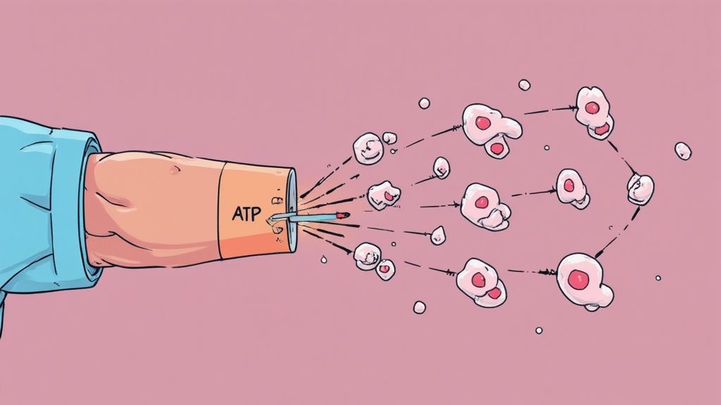 Cartoon illustration of an arm-like device labeled 'ATP' stimulating cells in a biological process.
