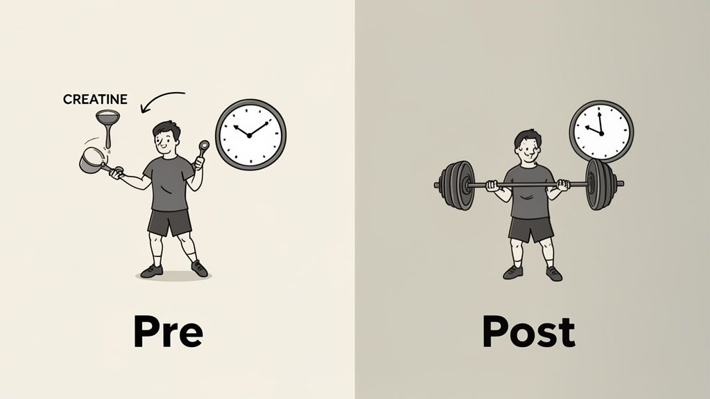 Illustration showing a man preparing to take creatine pre-workout and lifting weights post-workout, illustrating optimal timing.