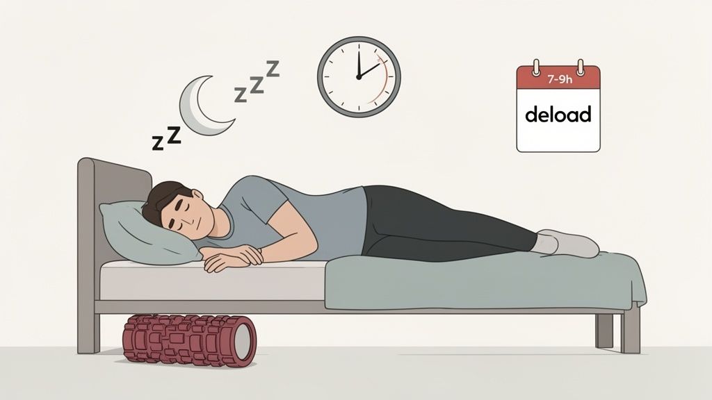 An illustration of a person sleeping in bed, with symbols for sleep, a clock, and a 'deload' calendar, alongside a foam roller.