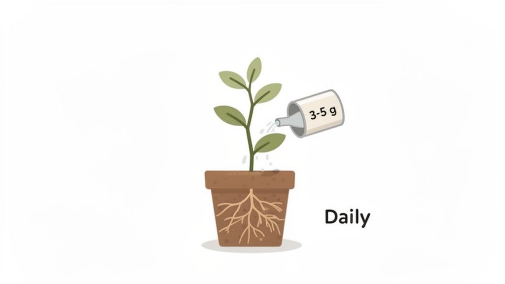 A cartoon illustration of a potted plant receiving 3-5 grams of a substance daily.