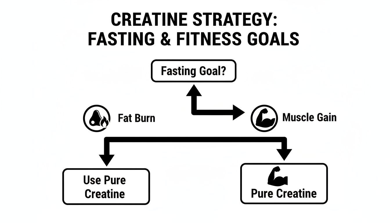 A decision tree outlining creatine use based on fasting and fitness goals for fat burn or muscle gain.