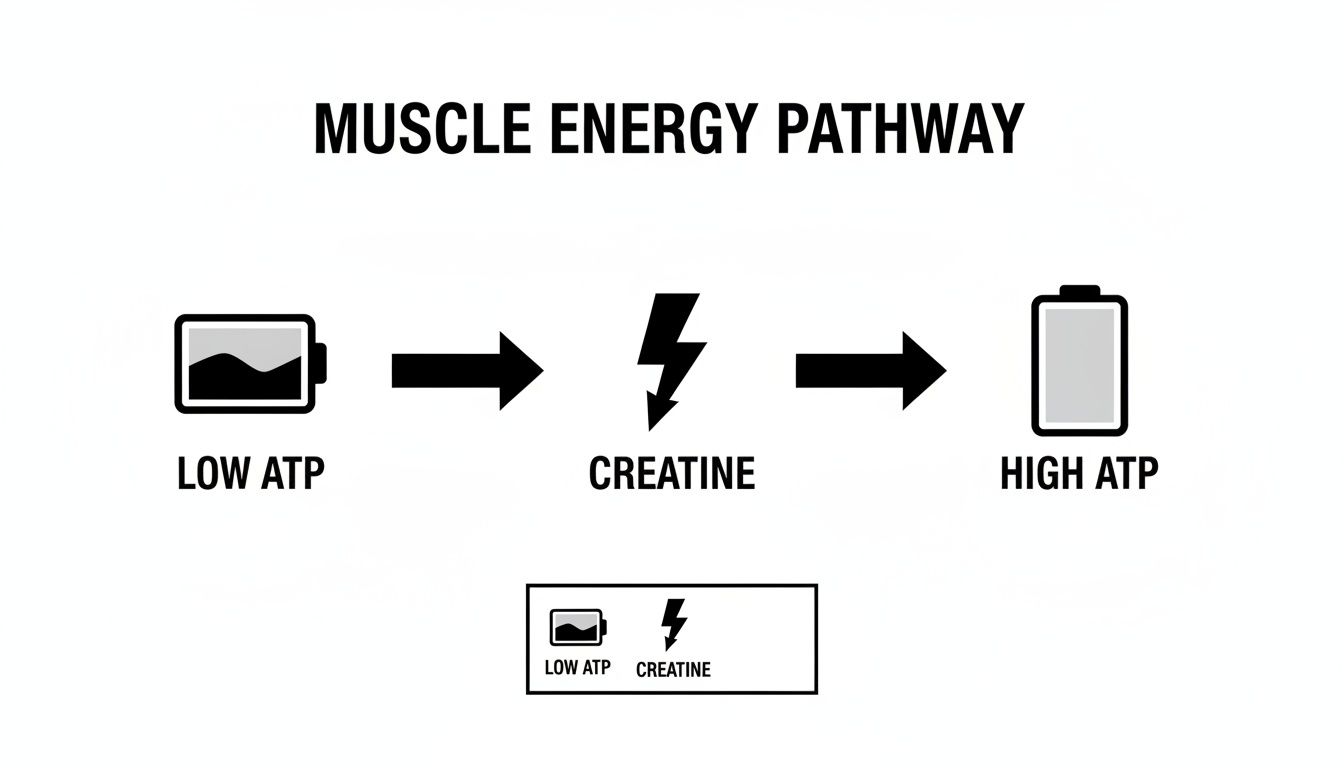A pathway illustrating how creatine helps convert low ATP to high ATP for muscle energy.