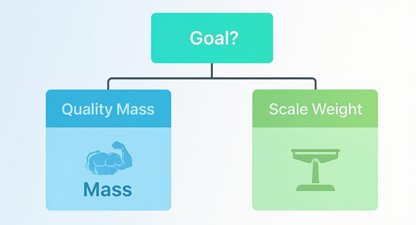 A flowchart illustrating fitness goals, asking "Goal?" and offering choices: "Quality Mass" or "Scale Weight."