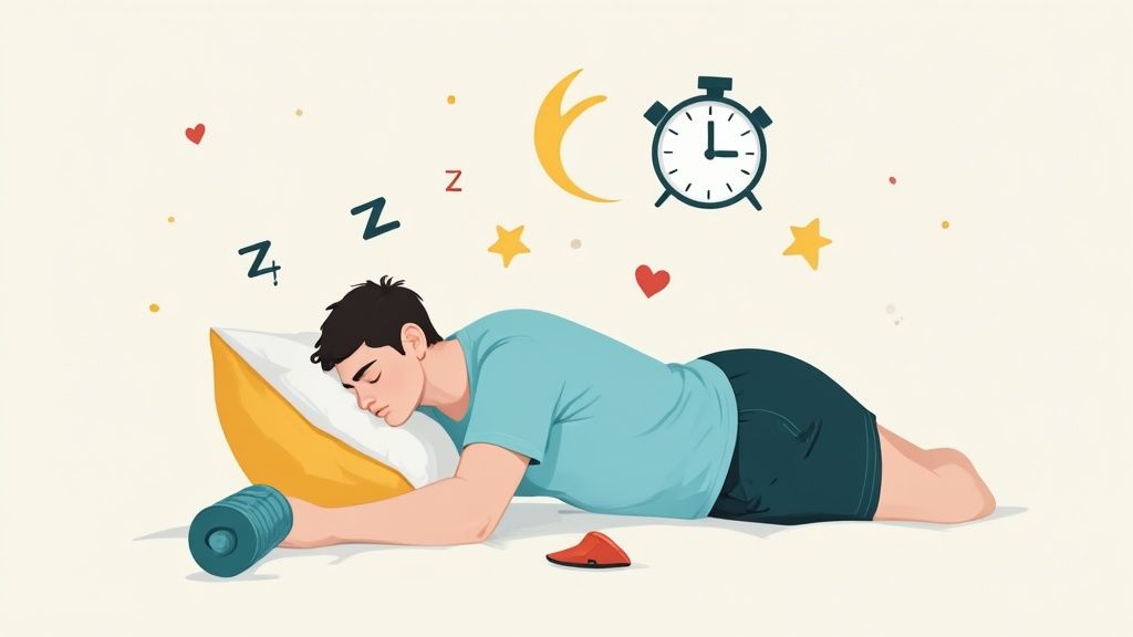 An illustration of a person sleeping peacefully with a foam roller, signifying rest and recovery.