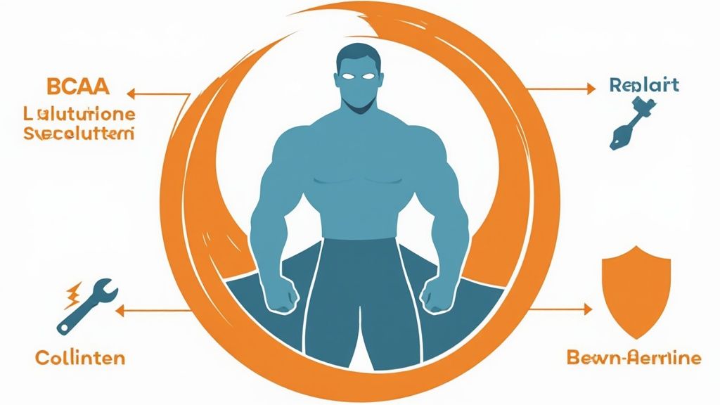 Infographic showing muscle recovery supplements including BCAA, glutamine, collagen, and beta-alanine around muscular figure