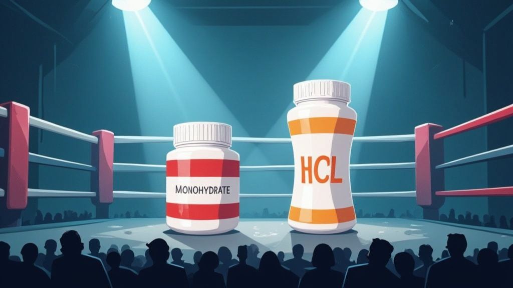 Two supplement bottles labeled monohydrate and HCL facing off in a boxing ring under spotlights