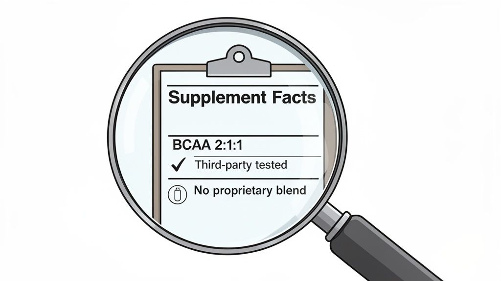 Magnifying glass inspecting a supplement facts label for BCAA 2:1:1, showing third-party tested and no proprietary blend.