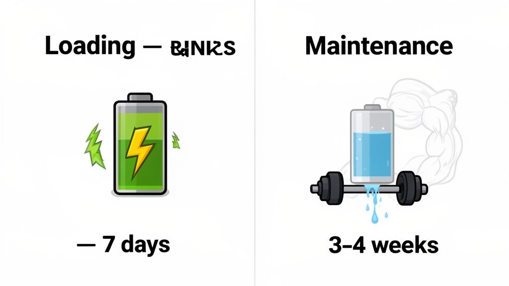 Infographic illustrates 7-day loading phase (charging battery) and 3-4 week maintenance phase (liquid-filled battery, barbell).