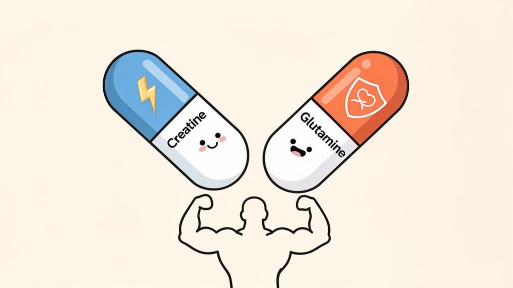 Cartoon image showing blue Creatine and orange Glutamine capsules above a flexing muscular figure.