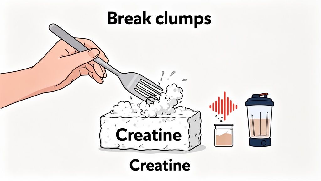 A hand uses a fork to break up a large block of creatine powder, illustrating how to break clumps.