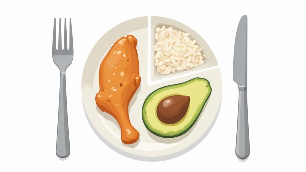 A top-down view of a divided plate with chicken, rice, and avocado, flanked by a fork and knife.