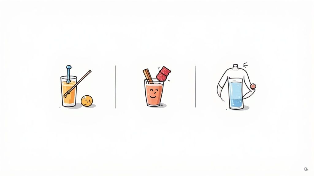 Three cartoon illustrations depicting various beverages, from a juice with fruit to a strong, water-filled body.