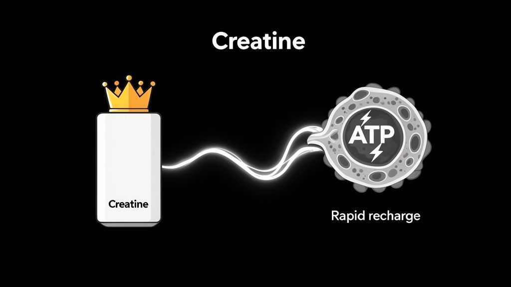 Diagram illustrating how creatine powers rapid ATP energy recharge in cells, enhancing performance.