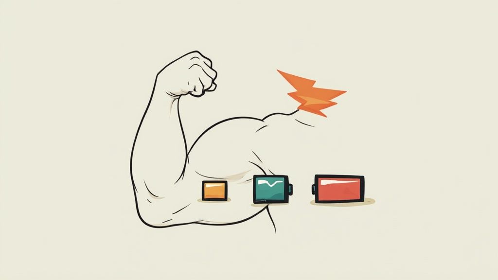 A cartoon arm flexing with three battery icons below it, showing increasing energy levels.
