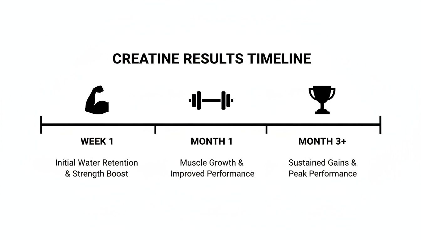 Timeline illustrating creatine results: initial water retention, strength boost, muscle growth, and sustained performance.