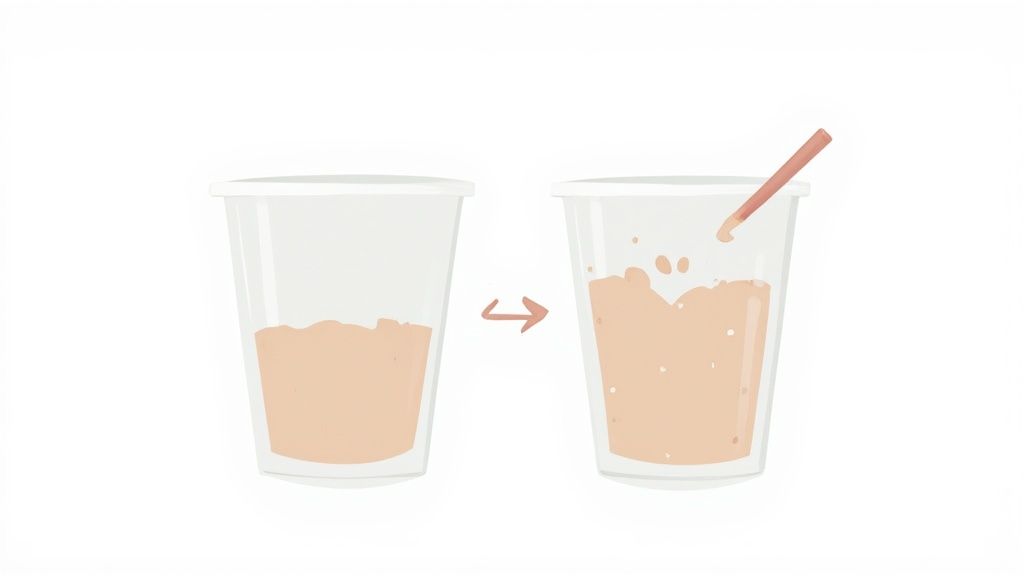 An illustration showing two clear cups, one with a still beige liquid and the other with a straw stirring the liquid, creating splashes.