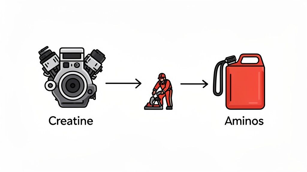 A diagram shows a 'Creatine' engine, a worker with a machine, and a 'Aminos' gas can linked by arrows.