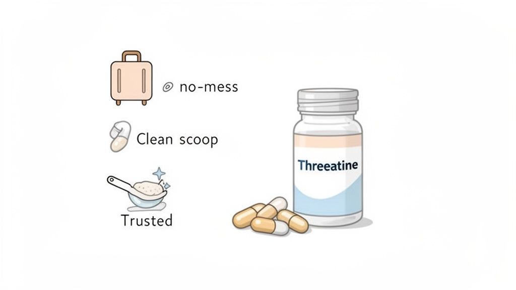 Illustration of 'Threeatine' supplement bottle and capsules, highlighting no-mess, clean scoop, and trusted benefits.