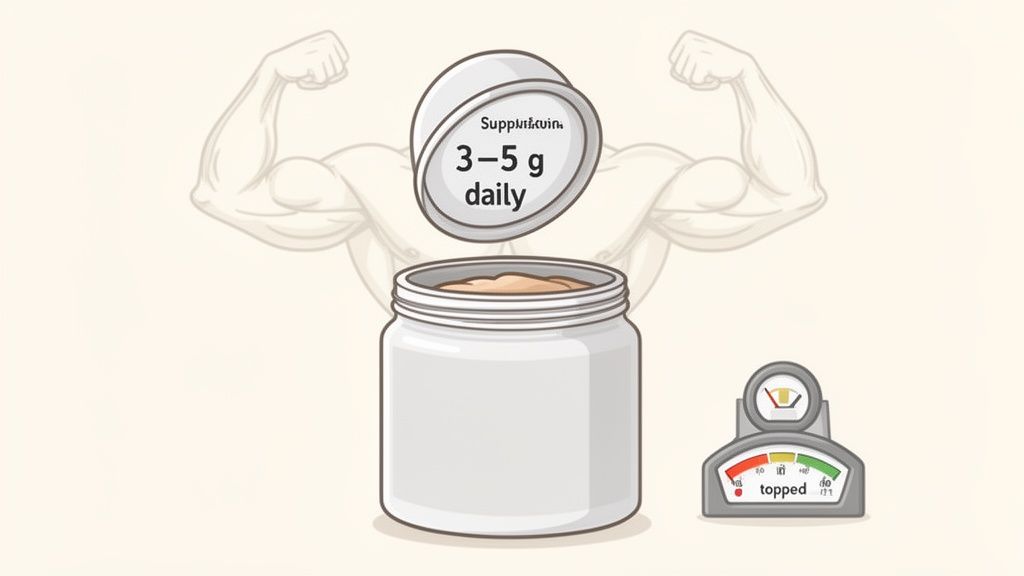Illustration of a supplement jar with a scoop indicating '3-5 g daily' dosage, set against muscular arm outlines.