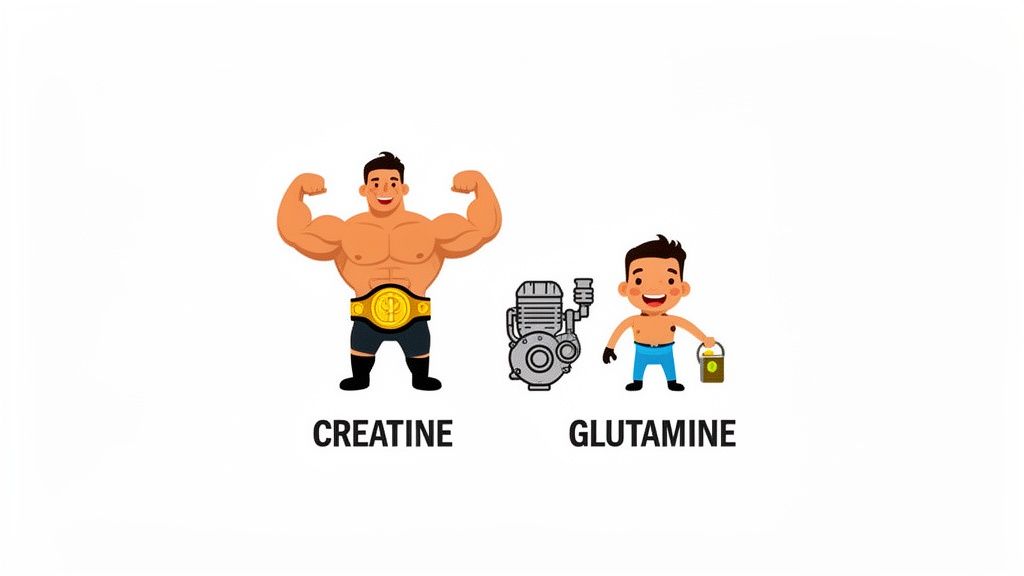 Cartoon depiction of a muscular man representing Creatine and a boy with an engine representing Glutamine.