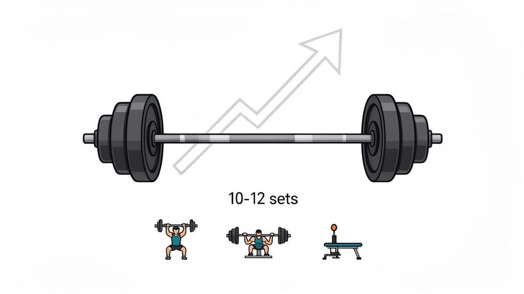 An illustration of a weighted barbell, a rising progress arrow, and text '10-12 sets', with icons of weightlifting exercises.
