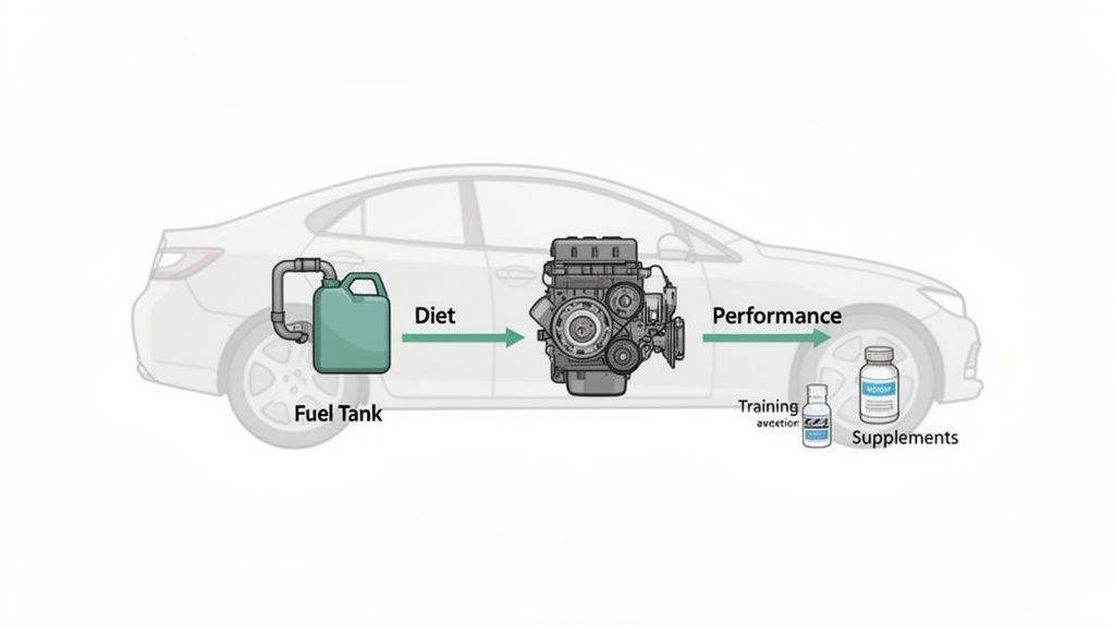 Diagram illustrating human performance with a car analogy: diet as fuel, body as engine, supplements enhance performance.