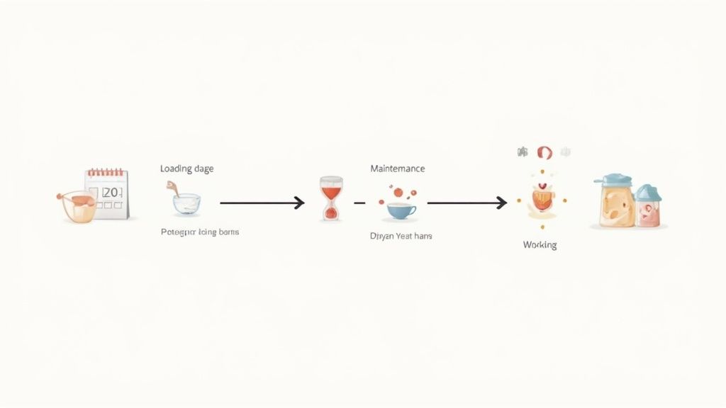 A four-stage process diagram with icons showing preparation, maintenance, working, and final products in jars.