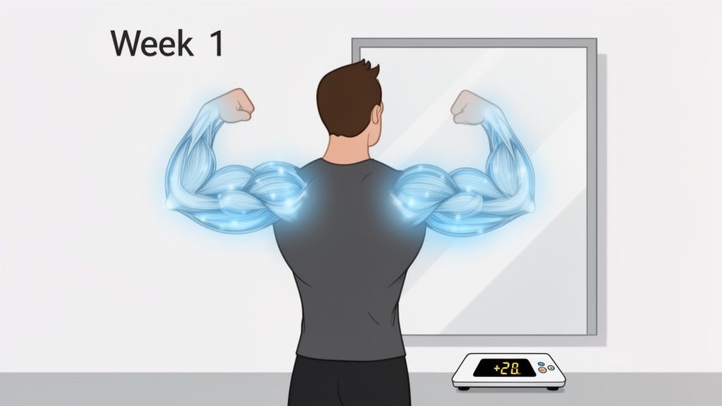 A man flexing biceps with glowing muscles in a mirror, showing 'Week 1' and a scale displaying '+20'.