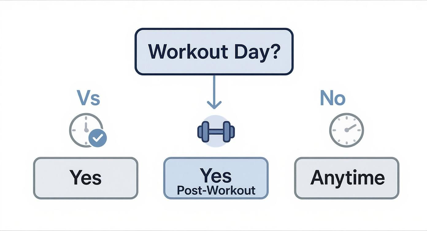 A flowchart illustrates creatine timing. On workout days, take post-workout. On non-workout days, take anytime.