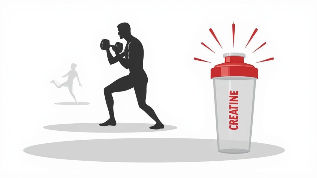 Creatine shaker bottle next to a weightlifter silhouette, representing exercise and supplements.