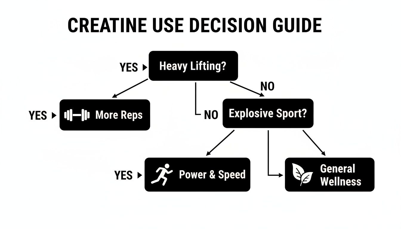 Creatine use decision guide showing benefits for heavy lifting, explosive sports, and general wellness.