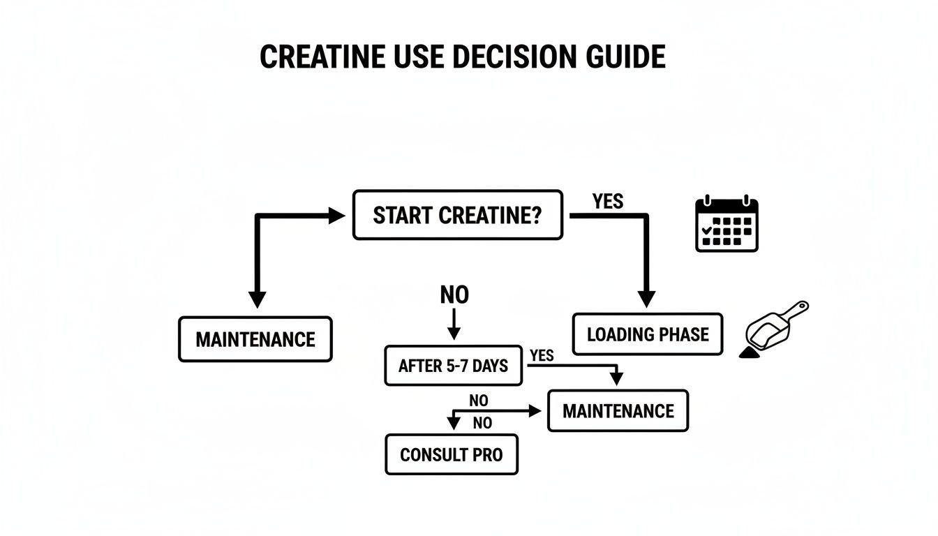 Flowchart guide on creatine use, detailing options for starting with a loading phase or maintenance.