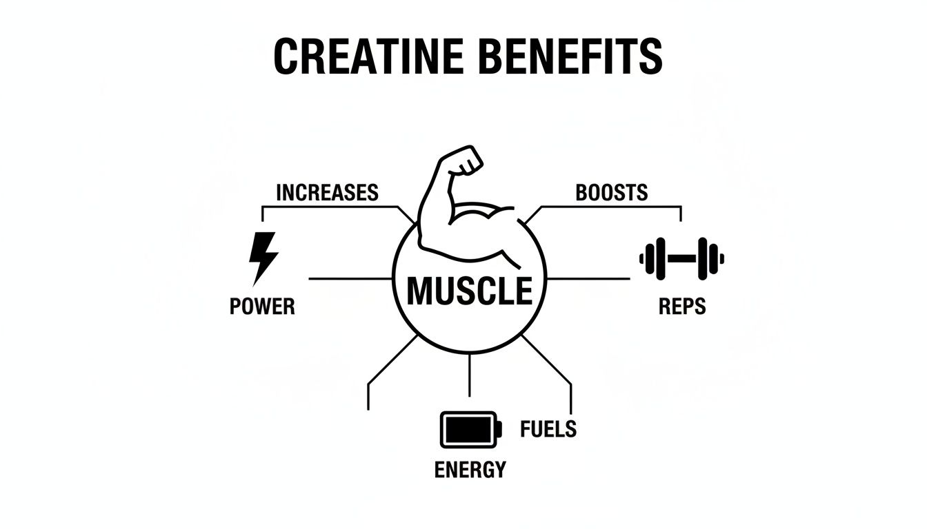 Infographic illustrating creatine benefits: increases power, boosts reps, and fuels energy for muscle growth.