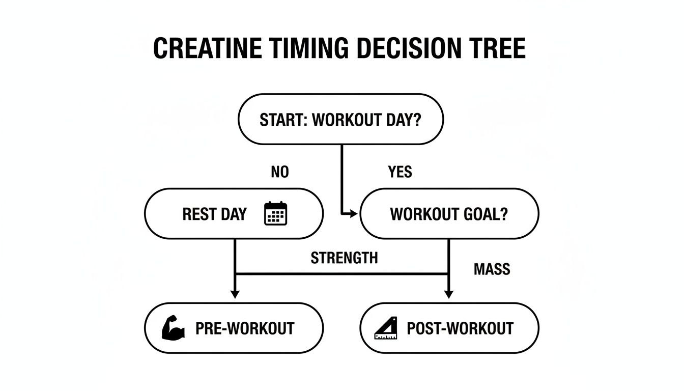 A decision tree flowchart illustrating the optimal timing for creatine intake based on workout days and fitness goals.