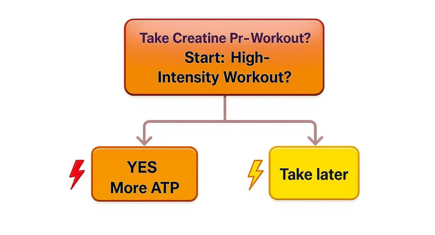 Infographic decision tree asking if you are doing a high-intensity workout to decide when to take creatine.