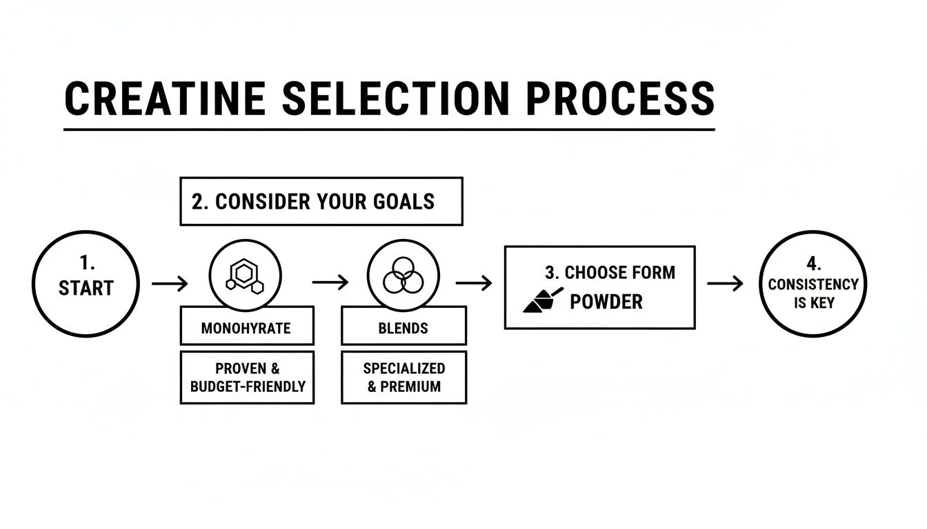 A flowchart detailing the creatine selection process, including monohydrate, blends, powder form, and consistency.
