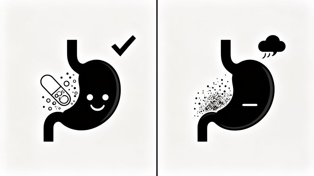 Illustration showing a happy stomach with a dissolving capsule and an upset stomach with scattered powder.