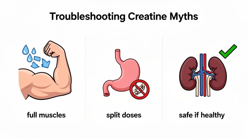 Infographic troubleshooting creatine myths, showing benefits for muscles, dosage advice, and safety for healthy kidneys.