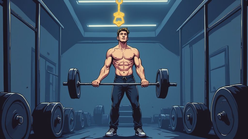 A muscular man shirtless, holding a barbell in a gym with weights and a golden key overhead.