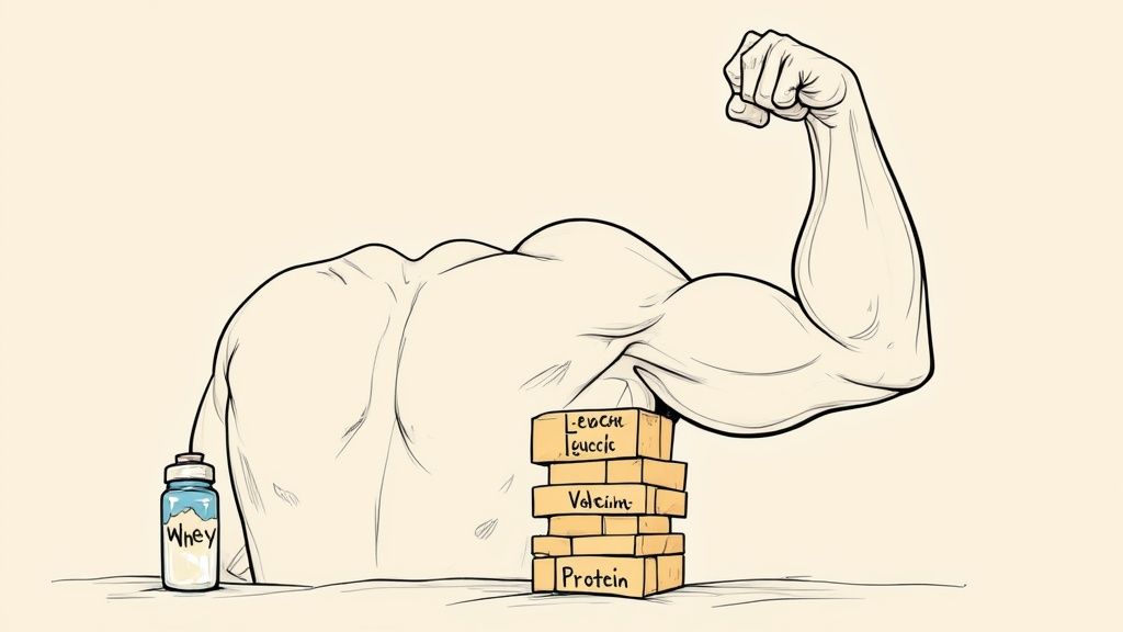 A person pouring a scoop of white protein powder into a black shaker bottle.