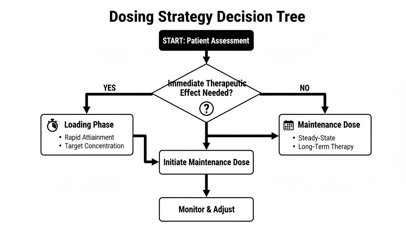 Flowchart detailing a dosing strategy decision tree, guiding patient assessment from immediate effect to maintenance and monitoring.