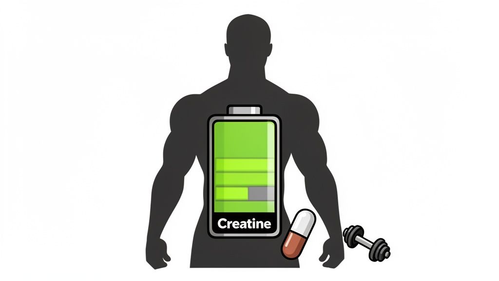 Muscular silhouette with a 'Creatine' battery icon and a capsule for energy.